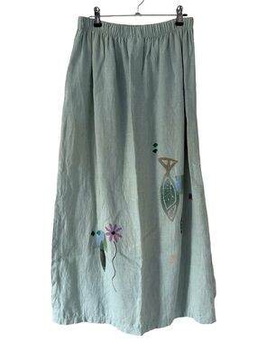 Vintage Play Alegre Hand Painted Maxi Skirt Mint Green Art To Wear Boho Slit
